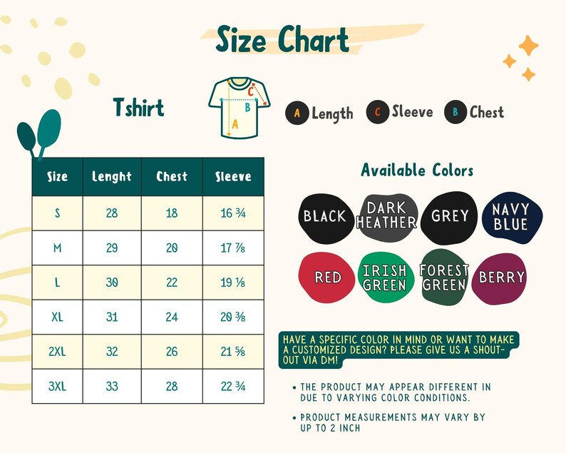 K&ouml;nnte beinhalten: T-Shirt Gr&ouml;&szlig;entabelle mit Ma&szlig;en in Zoll f&uuml;r L&auml;nge, Brustumfang und &Auml;rmel. Verf&uuml;gbare Farben sind Schwarz, Dunkelgrau meliert, Grau, Marineblau, Rot, Irisch Gr&uuml;n, Waldgr&uuml;n und Beere.