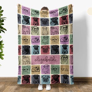 Custom Pug Dog Gift Blanket, Vintage Personalized Name Pug Lover Throw, Retro Dog Blanket, Cozy Pug Blanket, Unique Pet Lover Gift for Home