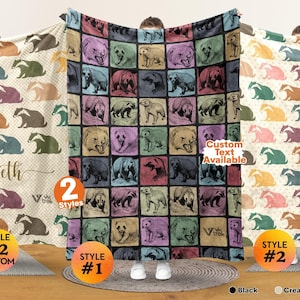 May include: A rectangular throw blanket featuring a grid of badger illustrations in various colors including purple, green, and tan. The blanket displays a repeating pattern of badgers in different poses. Some versions include the text Elizabeth.