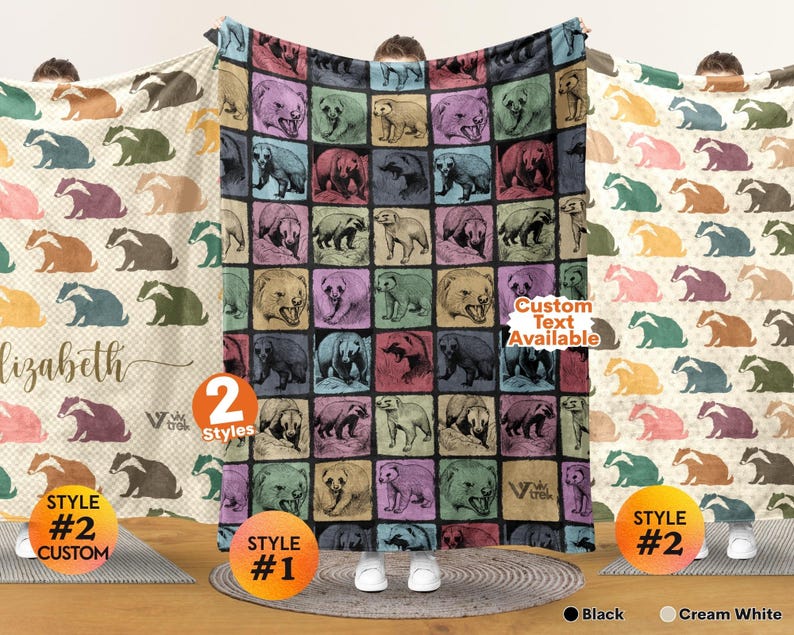May include: A rectangular throw blanket featuring a grid of badger illustrations in various colors including purple, green, and tan. The blanket displays a repeating pattern of badgers in different poses. Some versions include the text Elizabeth.