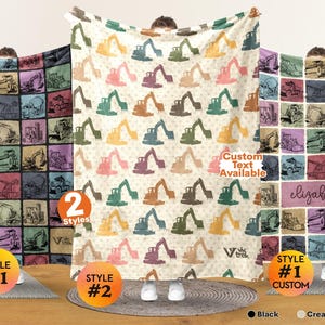 May include: Three blankets featuring construction vehicle patterns. The left blanket has a grid of colorful squares with excavators. The center blanket is cream white with repeating excavator icons and text Custom Text Available. The right blanket has a grid with the name elizabeth.
