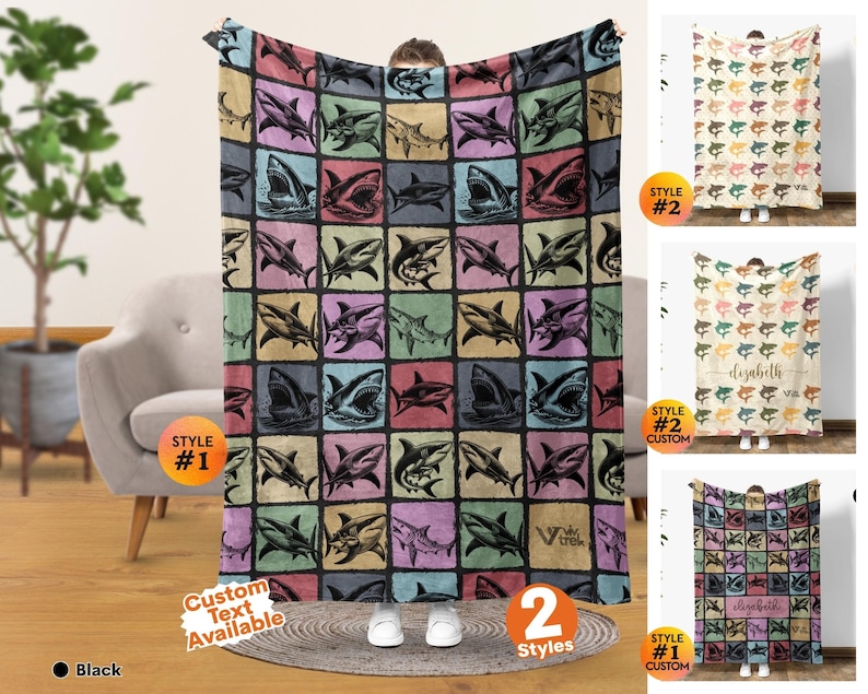 May include: A rectangular throw blanket featuring a grid pattern of various shark illustrations in shades of blue, purple, yellow, and pink. The design includes a small logo in the bottom right corner and is available in two distinct styles with options for custom text.