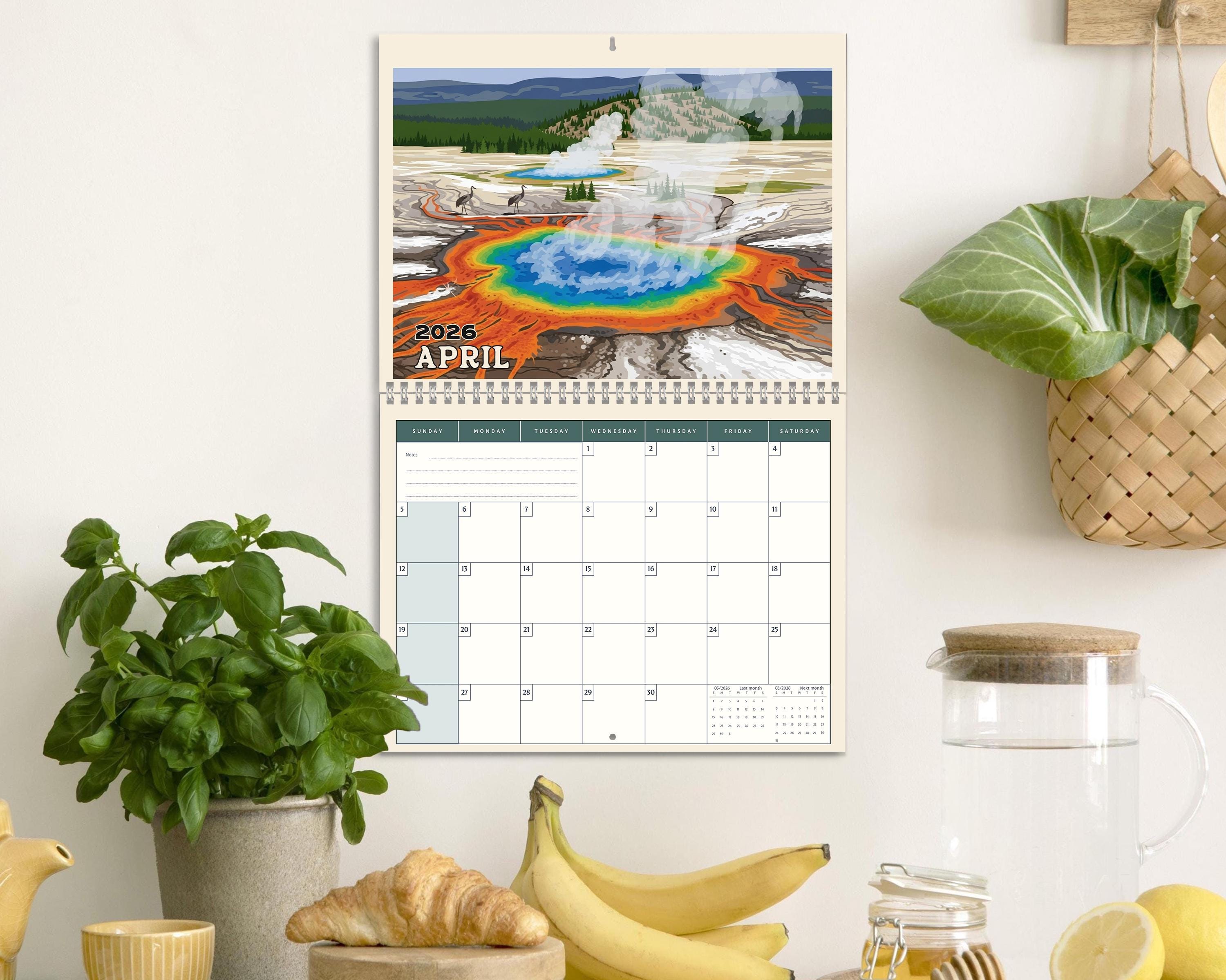 Yellowstone 2026 Wall Calendar, National Park Illustrated Monthly