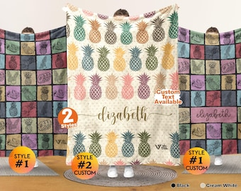 May include: A soft blanket featuring a repeating pineapple pattern in various colors. The center displays the name elizabeth in cursive script. The design includes text stating Custom Text Available, 2 Styles, and Style #1, #2 Custom.