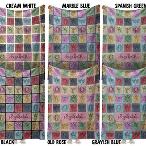 May include: A collection of six rectangular blankets featuring a grid of squares with angel illustrations. Each blanket displays the name elizabeth in cursive script within a central rectangular block. The blankets are available in cream white, marble blue, spanish green, black, old rose, and grayish blue color variations.