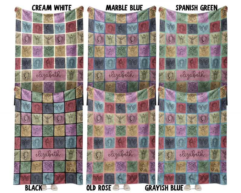 May include: A collection of six rectangular blankets featuring a grid of squares with angel illustrations. Each blanket displays the name elizabeth in cursive script within a central rectangular block. The blankets are available in cream white, marble blue, spanish green, black, old rose, and grayish blue color variations.