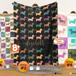May include: Three rectangular fleece blankets featuring dachshund dog patterns. The left blanket has a grid of colorful dogs. The center black blanket displays a repeating dog pattern with the name elizabeth in script. The right blanket has a grid with the name elizabeth.