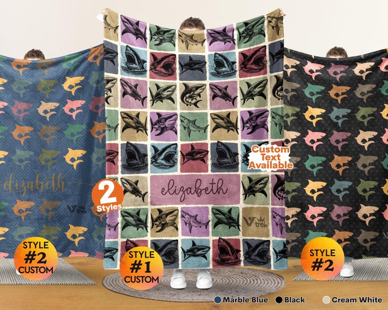 May include: Three rectangular blankets featuring shark illustrations. The center blanket has a grid pattern with various shark poses and the name elizabeth in a central box. The left and right blankets feature repeating shark patterns with custom text.