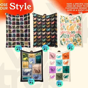 May include: Five rectangular blankets featuring raccoon-themed designs. Style 1 has a grid of raccoons in purple and black. Style 2 shows repeating raccoons on black. Style 3 displays a central raccoon with floral motifs. Style 4 mimics postage stamps. Style 8 has a grid of colorful raccoons.