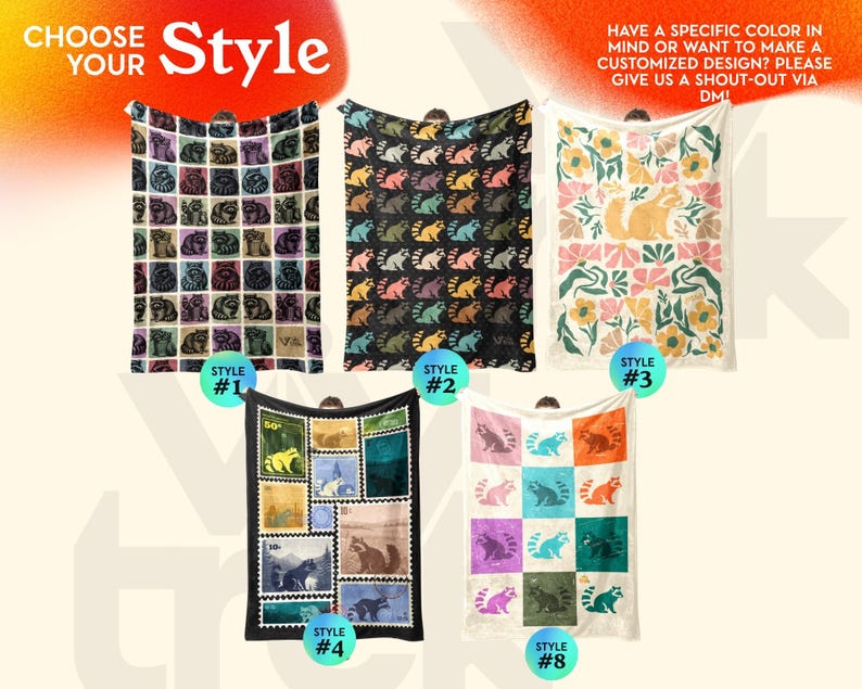 May include: Five rectangular blankets featuring raccoon-themed designs. Style 1 has a grid of raccoons in purple and black. Style 2 shows repeating raccoons on black. Style 3 displays a central raccoon with floral motifs. Style 4 mimics postage stamps. Style 8 has a grid of colorful raccoons.