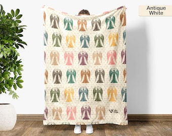 Retro Angel Throw Blanket, Cozy Spiritual Gift, Guardian Protector Decor, Religious Faith Home, Unique Believer Blanket, Angelic Messenger