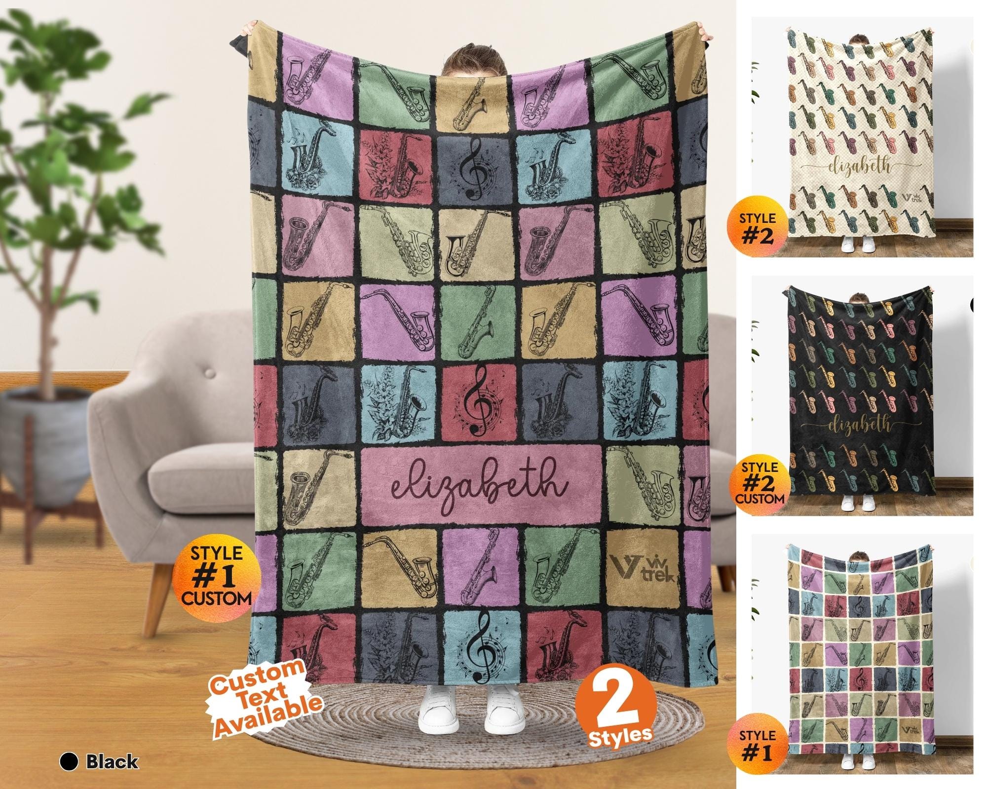 Custom Saxophone Lover Blanket Gift, Vintage Personalized Name
