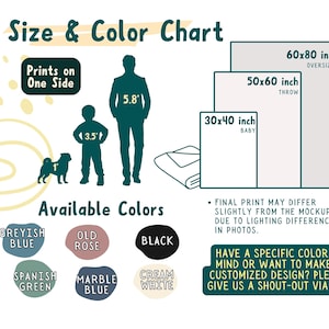 May include: A size and color chart for blankets featuring three rectangular sizes: 30x40 inch baby, 50x60 inch throw, and 60x80 inch oversized. It includes silhouettes of a dog, child, and adult with height labels, plus six color swatches: greyish blue, old rose, black, spanish green, marble blue, and cream white.