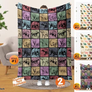 May include: A large rectangular throw blanket featuring a grid pattern of individual squares, each containing a detailed illustration of a bear in various poses. The background colors of the squares alternate between shades of pink, green, and tan.
