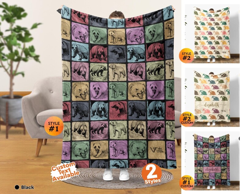 May include: A large rectangular throw blanket featuring a grid pattern of individual squares, each containing a detailed illustration of a bear in various poses. The background colors of the squares alternate between shades of pink, green, and tan.