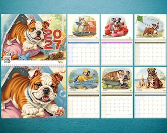 May include: A 2027 wall calendar featuring illustrations of English Bulldogs in various settings. The cover displays a bulldog with a bone, while the monthly pages show dogs on a treadmill, with hearts, flying a kite, splashing in water, in a wheelbarrow, and at the beach. Each page includes a grid for dates.