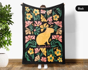 Personalized Capybara Blanket with Custom Name, Floral Capybara Throw Gift for Kid Teen Adults, Cozy Wildflower Capybara Lover Birthday Gift