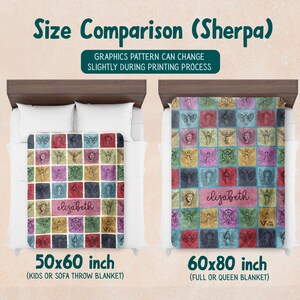 May include: A size comparison chart for Sherpa blankets showing two beds with blankets featuring a grid of colorful angel illustrations and the name Elizabeth. Text reads: Size Comparison (Sherpa), 50x60 inch, 60x80 inch, and graphics pattern can change slightly during printing process.