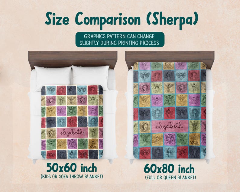 May include: A size comparison chart for Sherpa blankets showing two beds with blankets featuring a grid of colorful angel illustrations and the name Elizabeth. Text reads: Size Comparison (Sherpa), 50x60 inch, 60x80 inch, and graphics pattern can change slightly during printing process.
