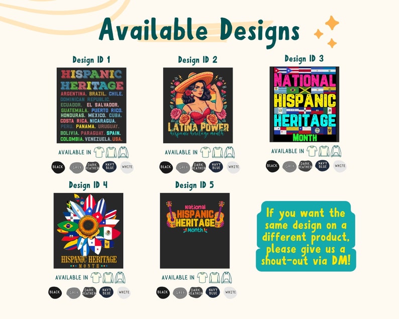 May include: Six different designs for t-shirts celebrating Hispanic Heritage Month. The designs feature various colors, graphics, and text, including flags, flowers, and the words "Hispanic Heritage Month".