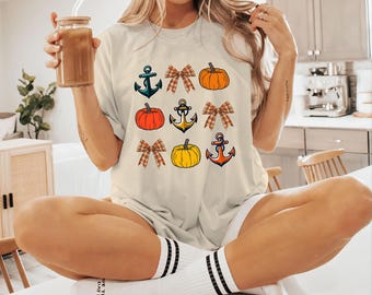 Anchor T-Shirt, Thanksgiving Shirt For Boat Lover, Fall Pumpkin Cozy Season Apparel, Autumn Gift for Her, Nautical Fall Shirt