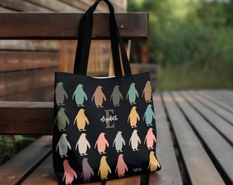 Personalized Penguin Tote Bag, Custom Name & Initial Kawaii Penguin Gift, Retro Ocean Animal Shopper, Vintage Sea Creature Tote, Unique Bag