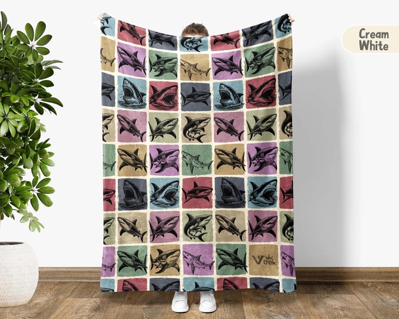 Shark Gift Blanket, Vintage Shark Lover Throw, Retro Ocean Fleece Blanket, Cozy Shark Graphic Blanket, Unique Marine Life Lover Home Gift