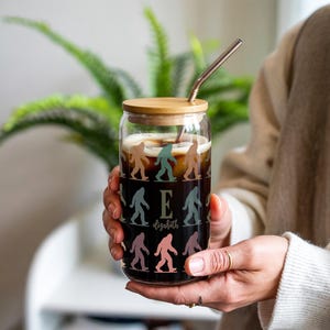 Bigfoot Enthusiast Custom Name Glass Cup with Straw Retro Sasquatch Iced Coffee Cup Cryptid Tumbler Drinkware Hidden Forest Creature Gift