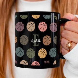 Custom Name Initial Basketball Mug, Personalized Sports Coffee Cup, Retro Basketball Gift for Players Coaches Fans, Vintage Hoop Lover Mug