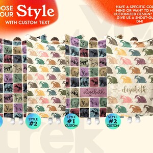 May include: Four rectangular blankets featuring repeating patterns of bears and badgers in various colors. Two blankets display grid-style animal illustrations, while two feature repeating badger motifs. One blanket includes the custom name Elizabeth.