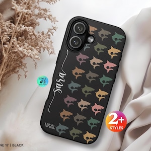 May include: A black phone case for an iPhone 17 featuring a repeating pattern of small sharks in muted tones of pink, blue, yellow, and brown. The name Sara is printed in white script on the left side, with the text Vtrek and Style #2 Custom visible.