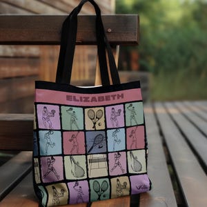 Custom Name Tennis Tote Bag, Personalized Sports Bag for Players, Retro Tennis Lover Gift, Custom Athlete Tote, Tennis Mom Shopping Bag