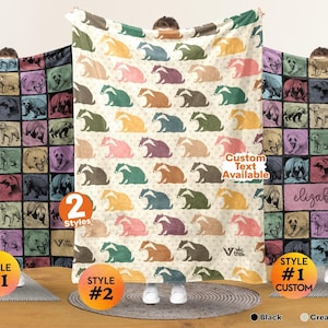 May include: A rectangular blanket featuring two distinct designs. Style 1 displays a grid of various bear illustrations in colorful squares. Style 2 features a repeating pattern of badgers on a cream white background with the text Custom Text Available.