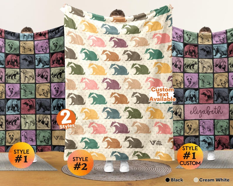 May include: A rectangular blanket featuring two distinct designs. Style 1 displays a grid of various bear illustrations in colorful squares. Style 2 features a repeating pattern of badgers on a cream white background with the text Custom Text Available.