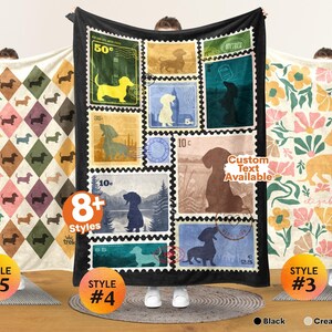 May include: Three rectangular fleece blankets featuring dachshund designs. The left blanket has a diamond pattern with small dogs. The center black blanket displays a collage of vintage-style postage stamps with dachshund silhouettes. The right blanket features a floral pattern with a large dachshund. Text includes 8+ Styles, Custom Text Available, Style #5, Style #4, and Style #3.