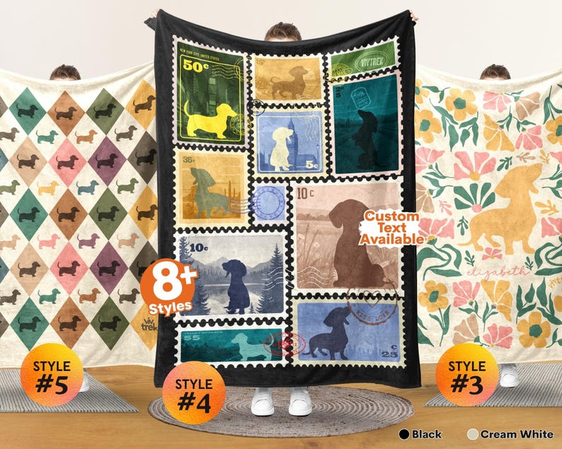 May include: Three rectangular fleece blankets featuring dachshund designs. The left blanket has a diamond pattern with small dogs. The center black blanket displays a collage of vintage-style postage stamps with dachshund silhouettes. The right blanket features a floral pattern with a large dachshund. Text includes 8+ Styles, Custom Text Available, Style #5, Style #4, and Style #3.