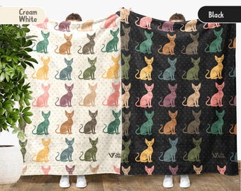Retro Sphynx Cat Blanket, Cozy Hairless Cat Throw, Unique Feline Lover Gift, Retro Pet Decor Blanket, Soft Cat Sofa Throw