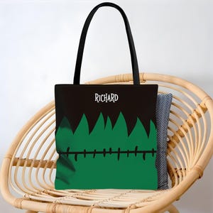 Personalized Monster Tote Bag, Custom Name Halloween Tote, Minimalist Frankenstein Reusable Bag, Spooky Kids Trick or Treat Bag