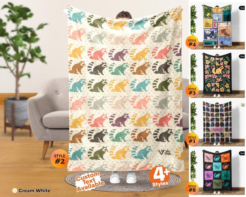 May include: A cream white throw blanket featuring a repeating pattern of raccoons in various colors including yellow, pink, teal, and brown. The blanket includes the text V trek and Custom Text Available. Four additional blanket styles are shown on the right.