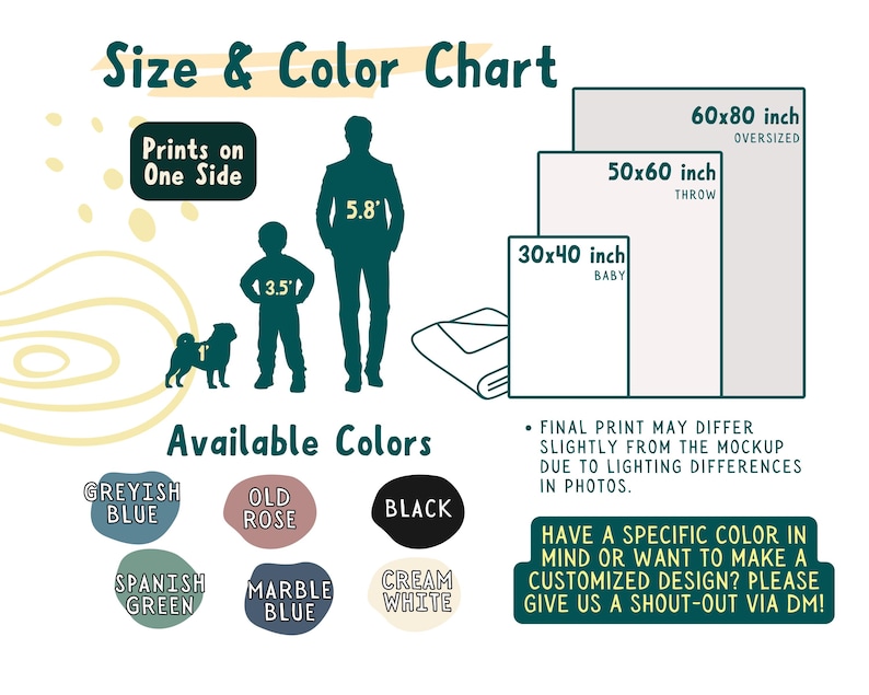 Puede incluir: Tabla de tallas y colores para impresiones en un solo lado. Los colores disponibles incluyen azul gris&aacute;ceo, rosa viejo, negro, verde espa&ntilde;ol, azul m&aacute;rmol y blanco crema. La tabla muestra tres tama&ntilde;os: 30x40 pulgadas (beb&eacute;), 50x60 pulgadas (tiro) y 60x80 pulgadas (sobredimensionado).