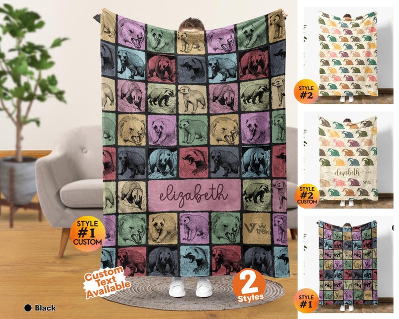 May include: A rectangular throw blanket featuring a grid pattern of various bear illustrations in shades of pink, green, blue, and tan. The center of the blanket displays the name elizabeth in cursive script. The design includes a logo with the text viv trek.