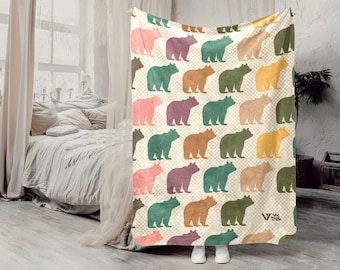 Bear Lover Blanket, Retro Wild Animal Throw, Cozy Bear Graphic Blanket, Unique Wildlife Gift, Rustic Animal Decor