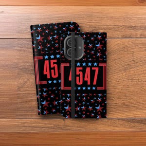 May include: A black phone case with a red, white, and blue star pattern. The case has a cutout for the camera and a red and white stripe design with the numbers "45 547" printed on it.