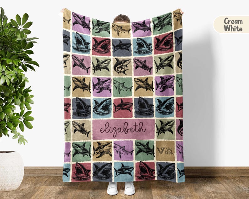 Custom Name Shark Gift Blanket, Personalized Vintage Shark Lover Throw, Retro Ocean Blanket, Cozy Shark Blanket, Marine Life Lover Home Gift