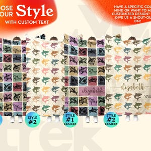 May include: Four blankets featuring shark patterns. Style 1 shows a grid of colorful squares with shark illustrations. Style 2 displays a repeating shark print on a dotted background. Two versions include the custom name Elizabeth in script text.