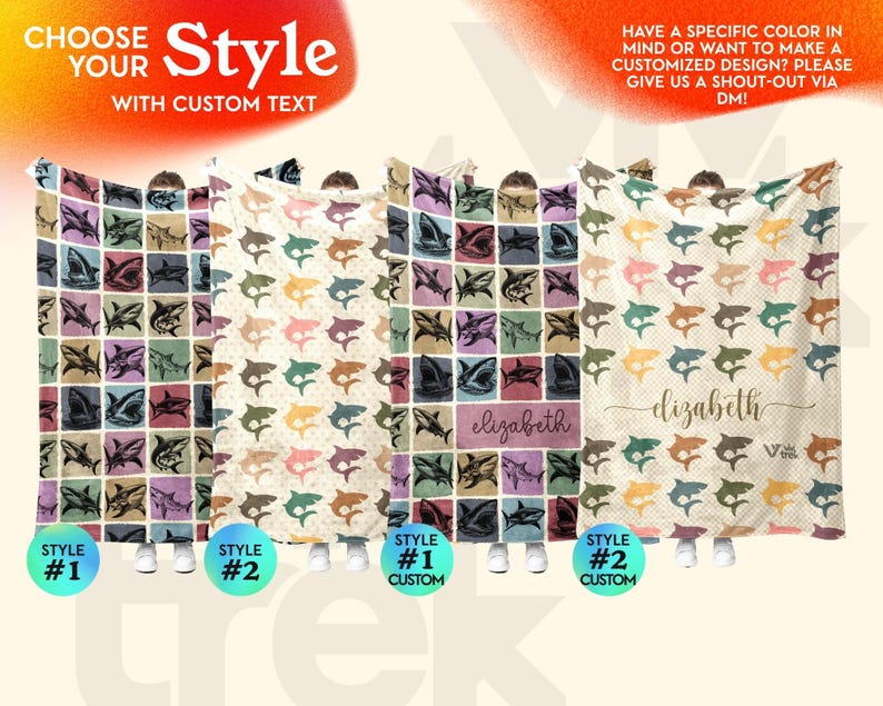 May include: Four blankets featuring shark patterns. Style 1 shows a grid of colorful squares with shark illustrations. Style 2 displays a repeating shark print on a dotted background. Two versions include the custom name Elizabeth in script text.