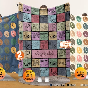 May include: Three rectangular blankets featuring coffee-themed designs. The center blanket displays a grid of coffee cups, beans, and machines with the name elizabeth in the middle. The side blankets show repeating coffee bean patterns.