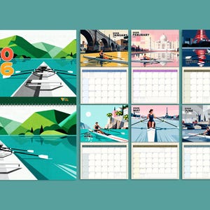 May include: 2026 wall calendar featuring rowing scenes. The calendar includes illustrations of rowers on the water with scenic backgrounds. The calendar has a spiral binding and a QR code. The calendar is displayed on a teal background.