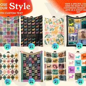 May include: Eight rectangular blankets featuring dachshund dog patterns and custom text options. Styles include grid layouts with colorful squares, postage stamp motifs, floral backgrounds, and diamond patterns, all displaying the name Elizabeth.