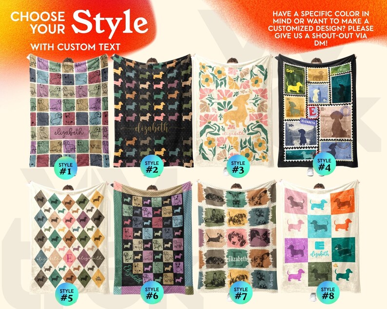 May include: Eight rectangular blankets featuring dachshund dog patterns and custom text options. Styles include grid layouts with colorful squares, postage stamp motifs, floral backgrounds, and diamond patterns, all displaying the name Elizabeth.